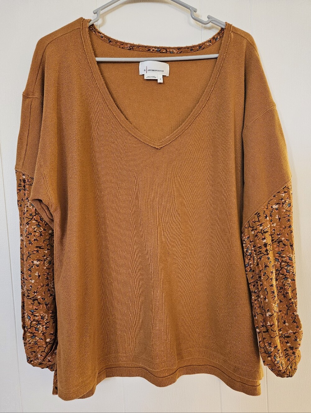 Anthropologie Rust V-Neck Mixed-Sleeve Women's Top